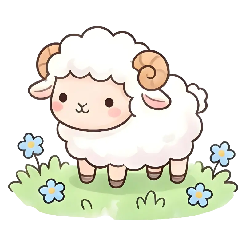 Fluffy Kawaii Sheep Illustration on Grass with Simple Blue Flowers