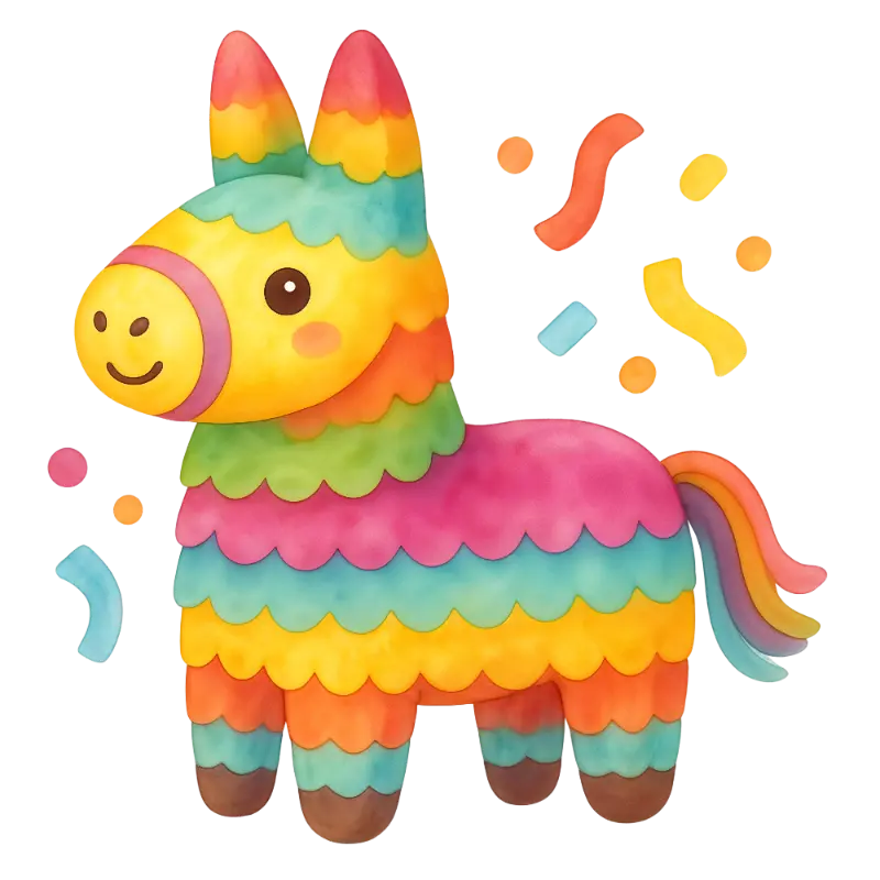 Playful Watercolor Donkey Pinata with Smiling Face and Confetti