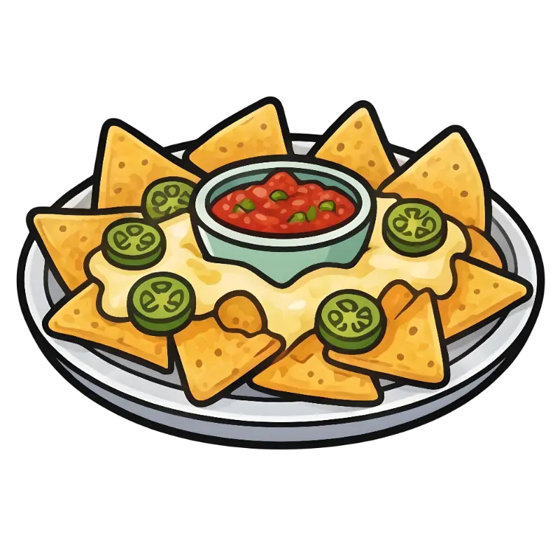 Playful Cartoon Nachos with Dripping Cheese, Salsa, and Jalapeños