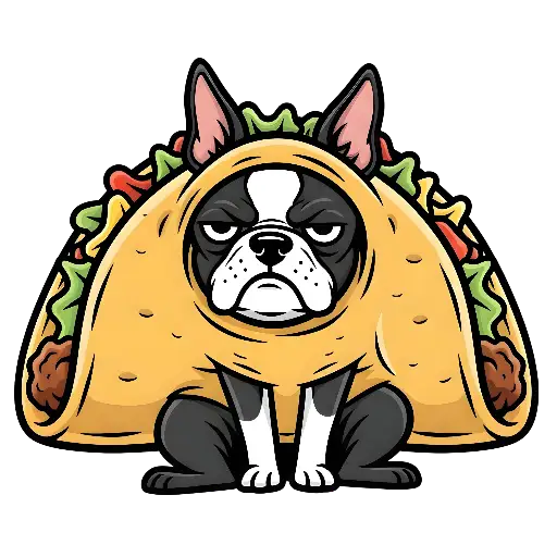 Cartoon Grumpy Boston Terrier Dog in a Taco Costume Graphic