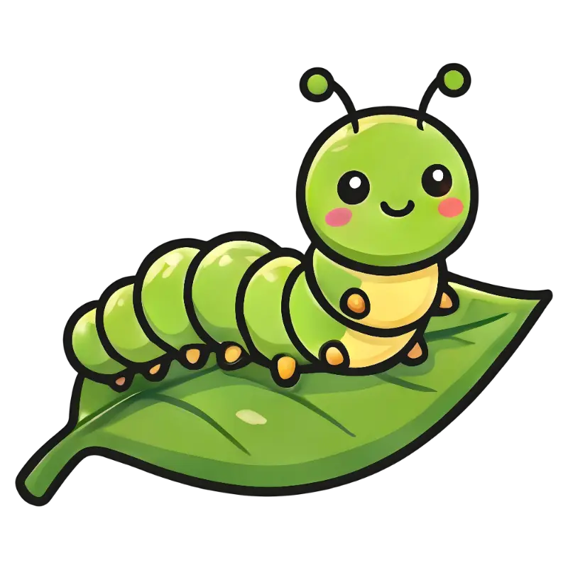 Cute Cartoon Caterpillar with Blush Cheeks on a Leaf