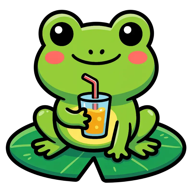 Green Cartoon Frog on Lily Pad with Refreshing Straw Drink