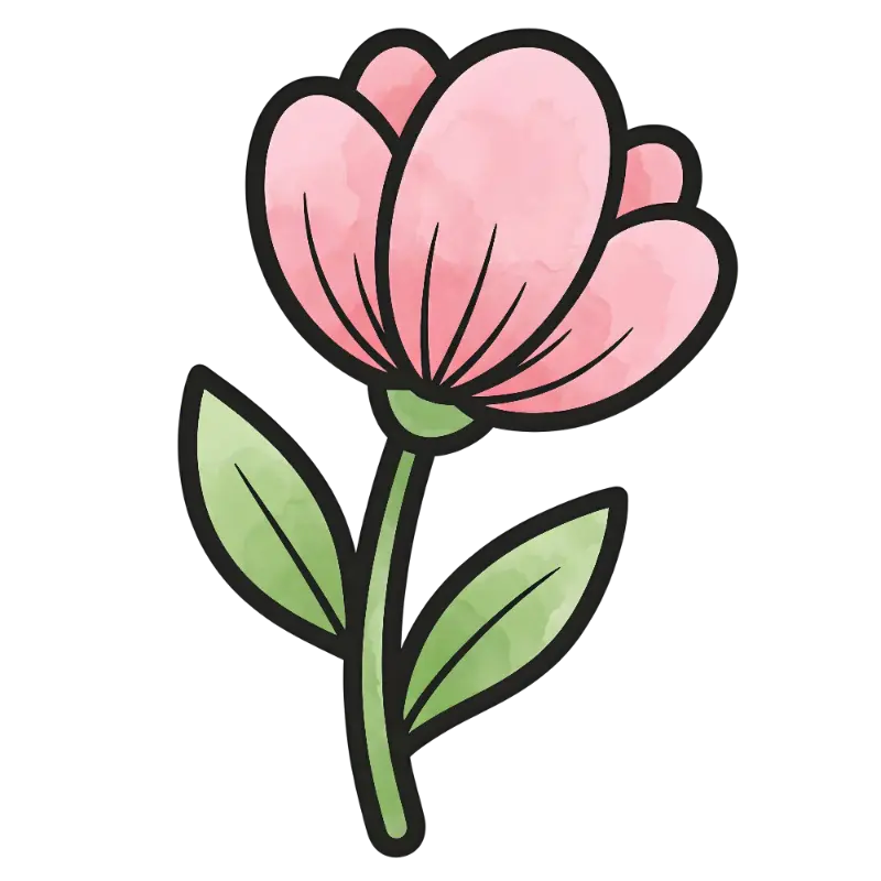 Gentle Pink Watercolor Flower Illustration with Thick Outlines