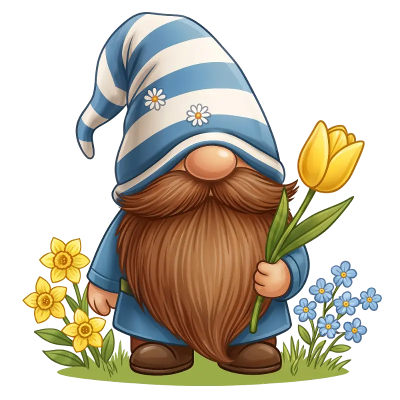Cute Garden Gnome with Yellow Tulip and Daffodils