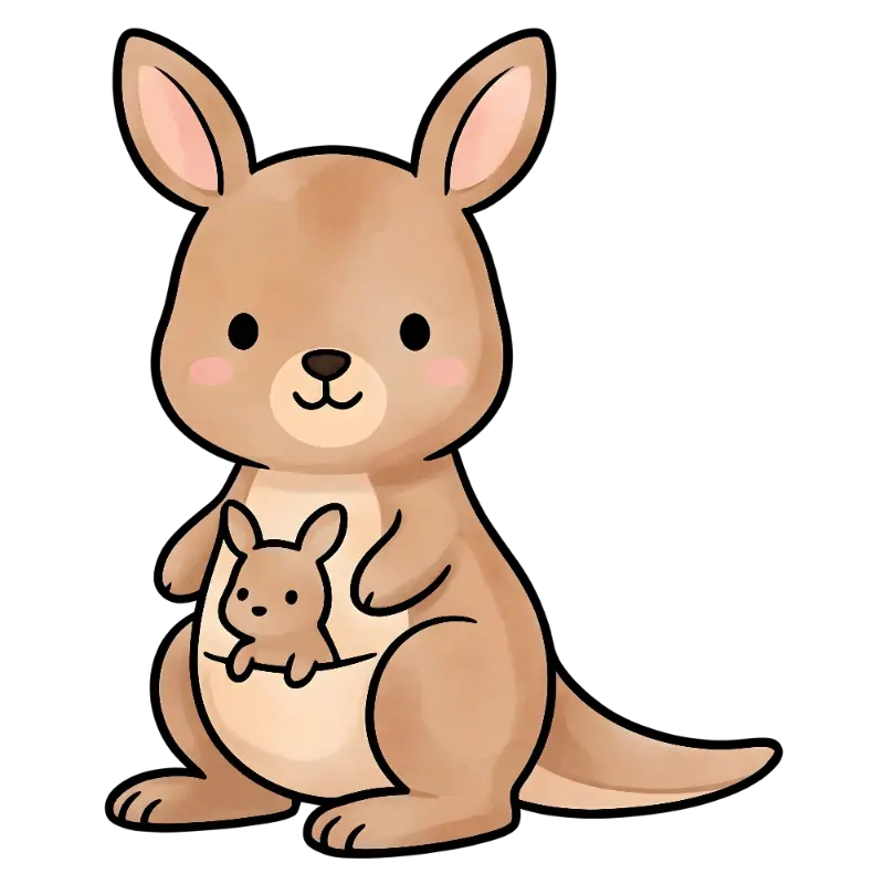 Kawaii Mother Kangaroo and Baby Joey Watercolor Illustration