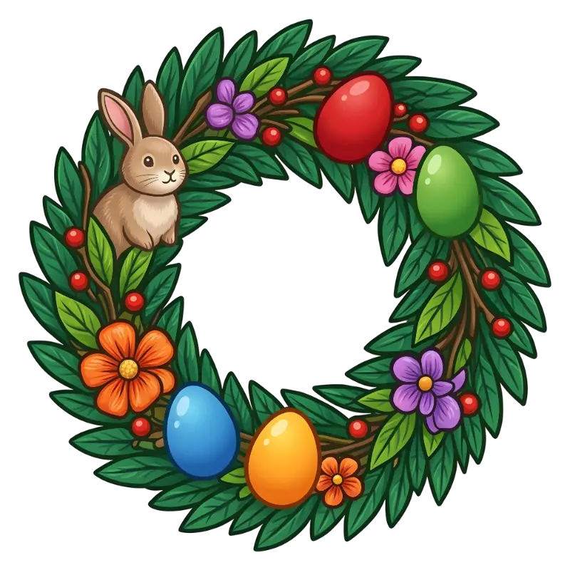 Vibrant Cartoon Easter Wreath with Bunny and Glossy Eggs