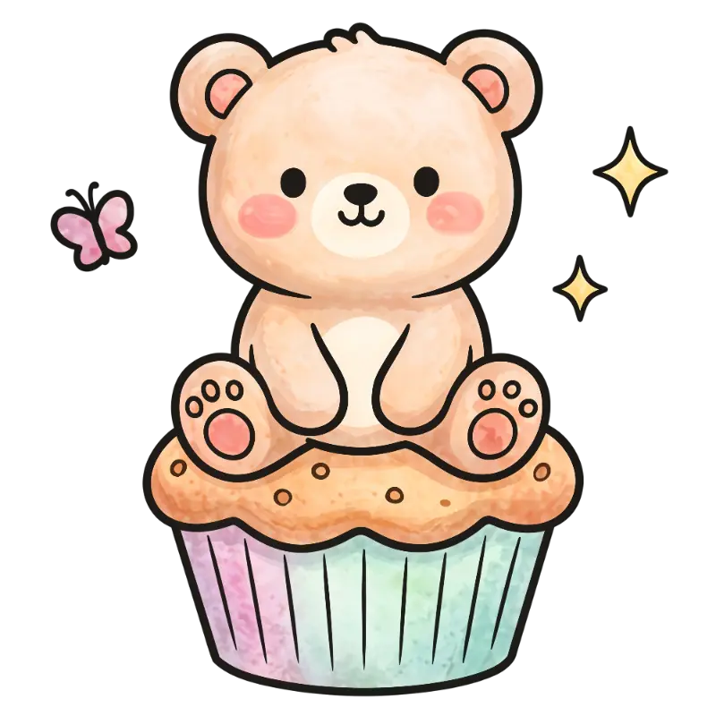 Sweet Watercolor Bear with Butterfly and Sparkles on Cupcake