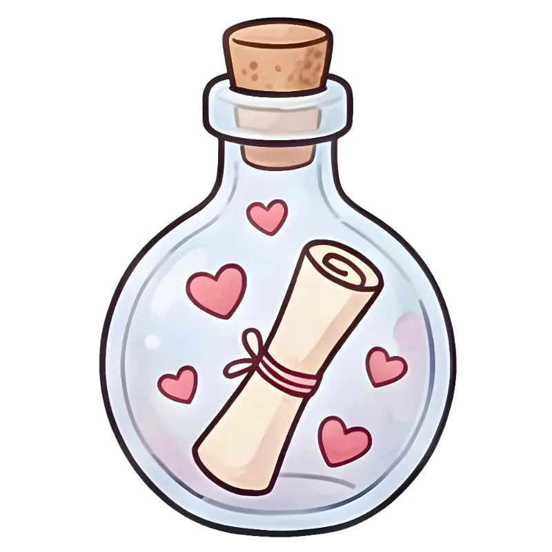 Cartoon Line Art Message in a bottle with hearts Cute Graphic