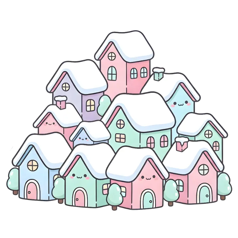 Kawaii Cute Illustration Winter Houses Graphic for Cozy Holidays