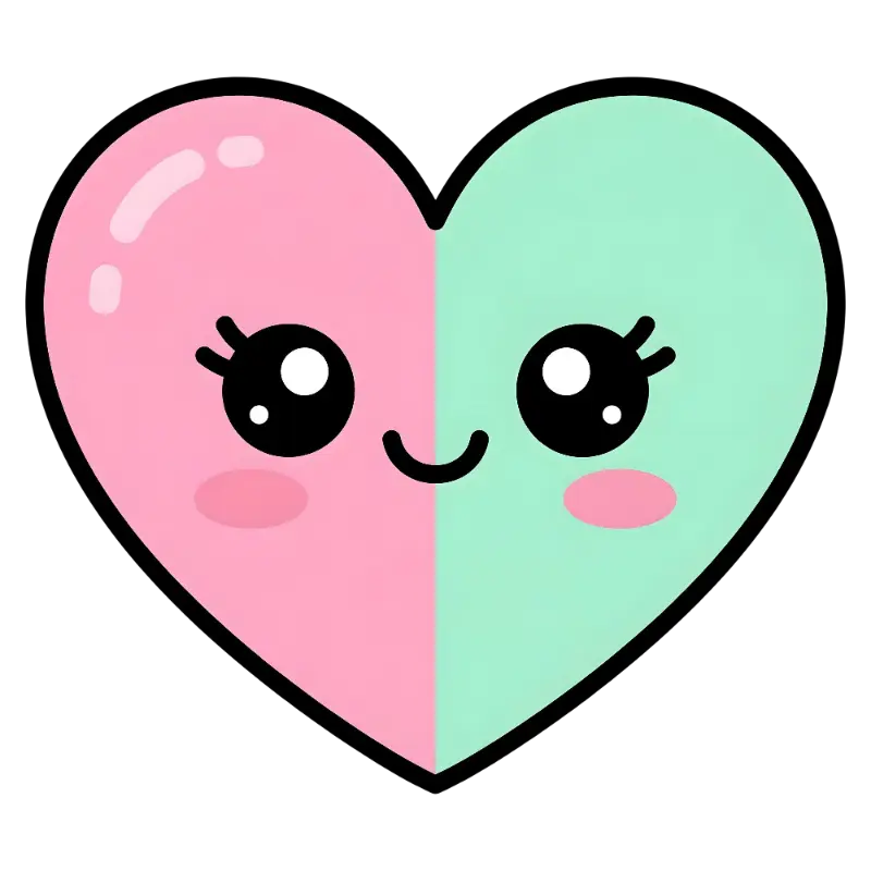 Sweet Cartoon Pink and Mint Split-Color Heart Face
