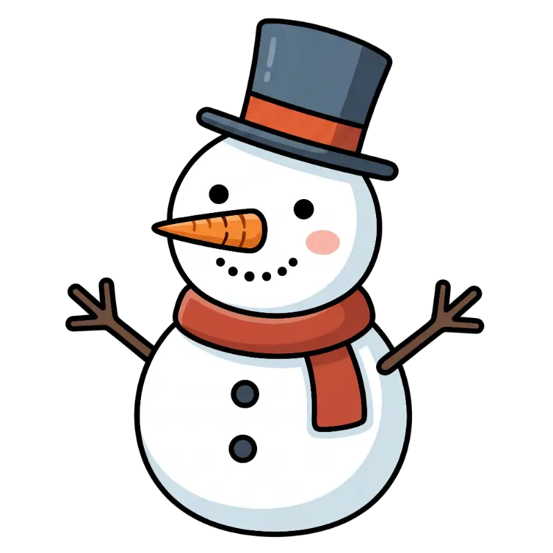 Cute Cartoon Snowman Character with Top Hat and Scarf