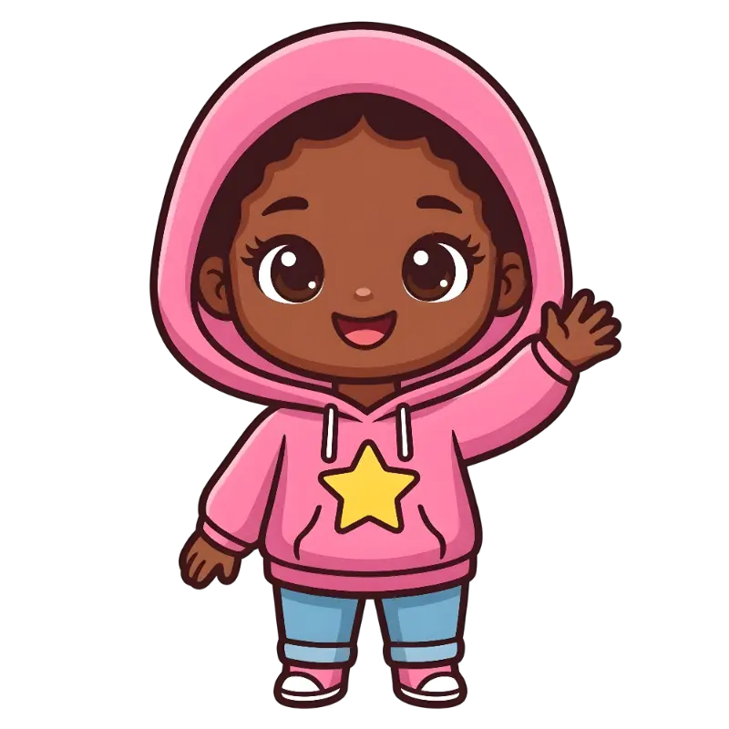 Cheerful Kawaii Waving Child Character in Pink Star Hoodie