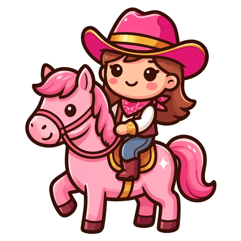 Kawaii Chibi Cowgirl on Pink Horse Illustration