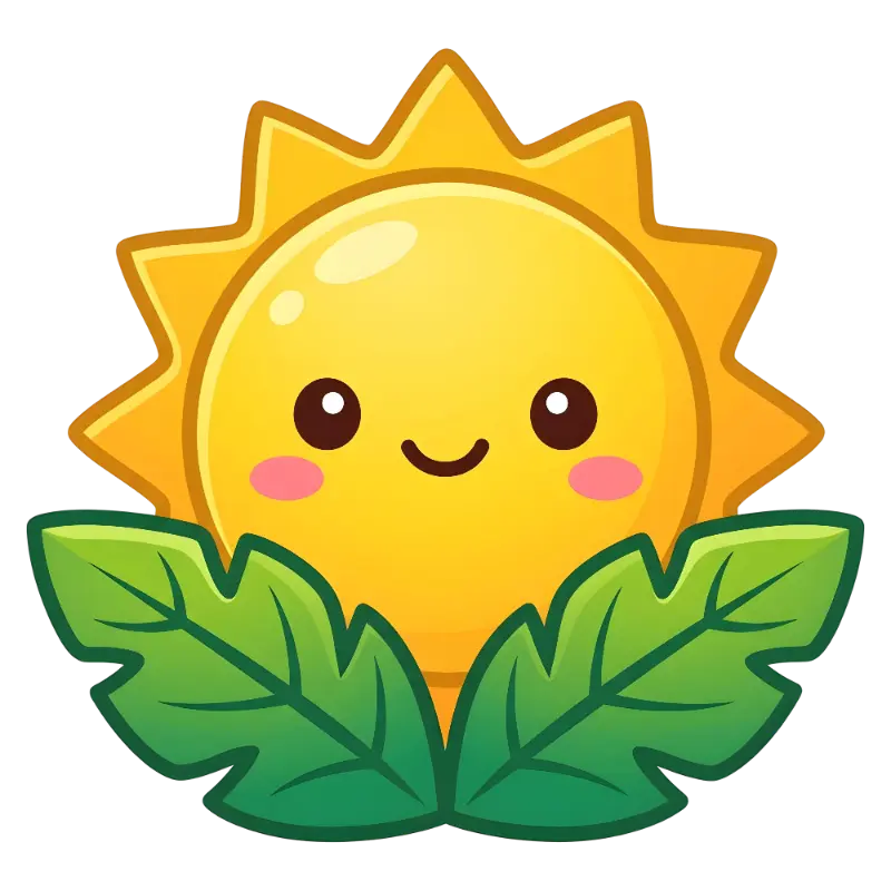 Cheerful Cartoon Sun with Rosy Cheeks and Vibrant Green Leaves