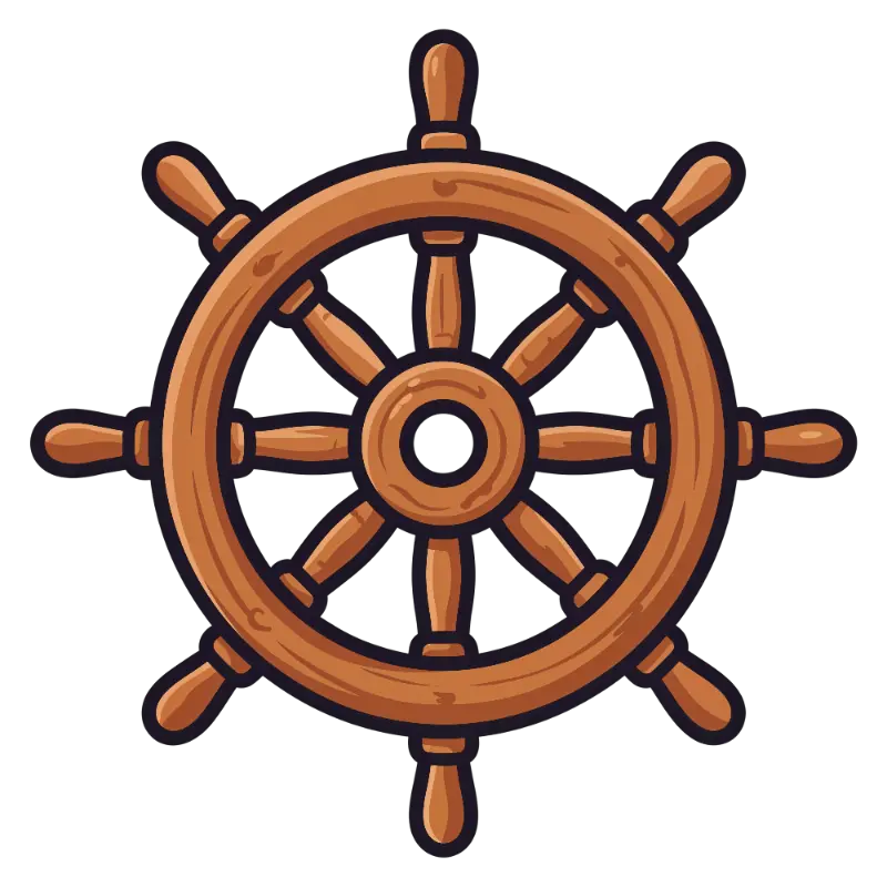 Stylized Brown Wooden Ship Wheel with Rounded Handles and Wood Texture