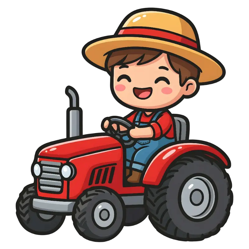 Playful Chibi Boy in Straw Hat Driving a Red Tractor Illustration