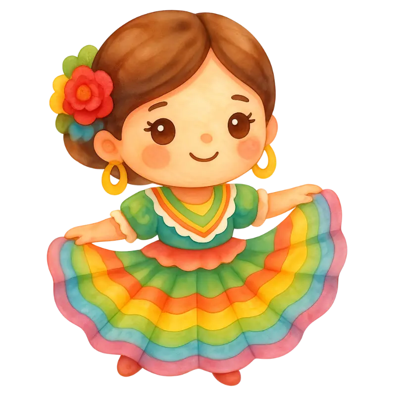 Happy Cute Chibi Girl Rainbow Ruffled Dress Illustration