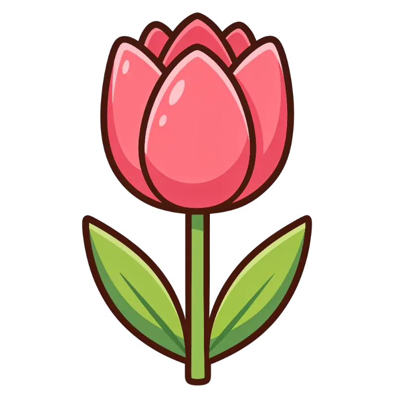 Cute Simple Pink Tulip Vector Art with Bold Outlines and Green Leaves