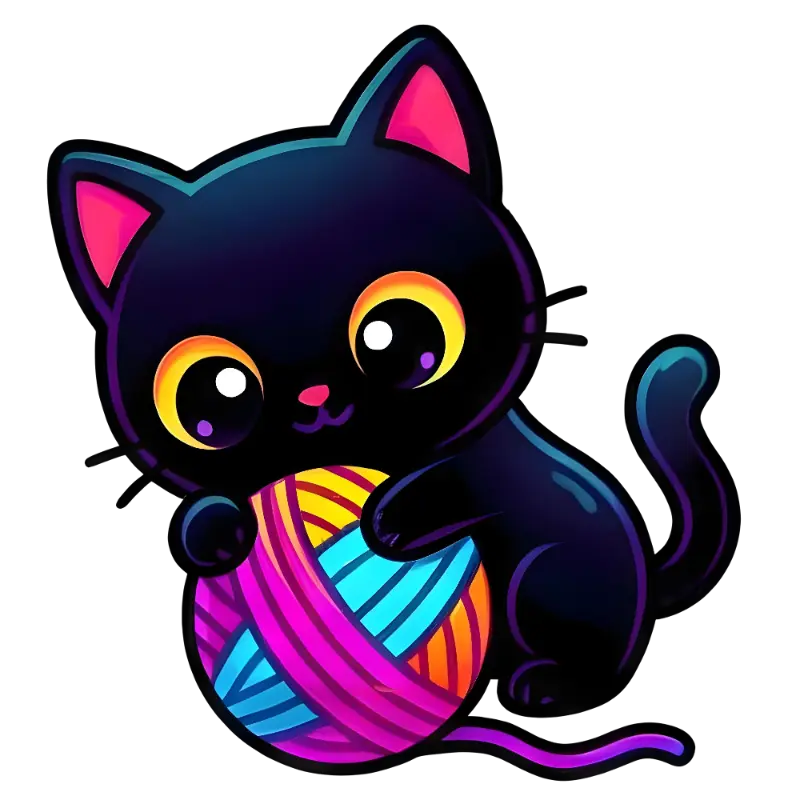 Playful Kawaii Black Cat with Big Eyes and Rainbow Yarn