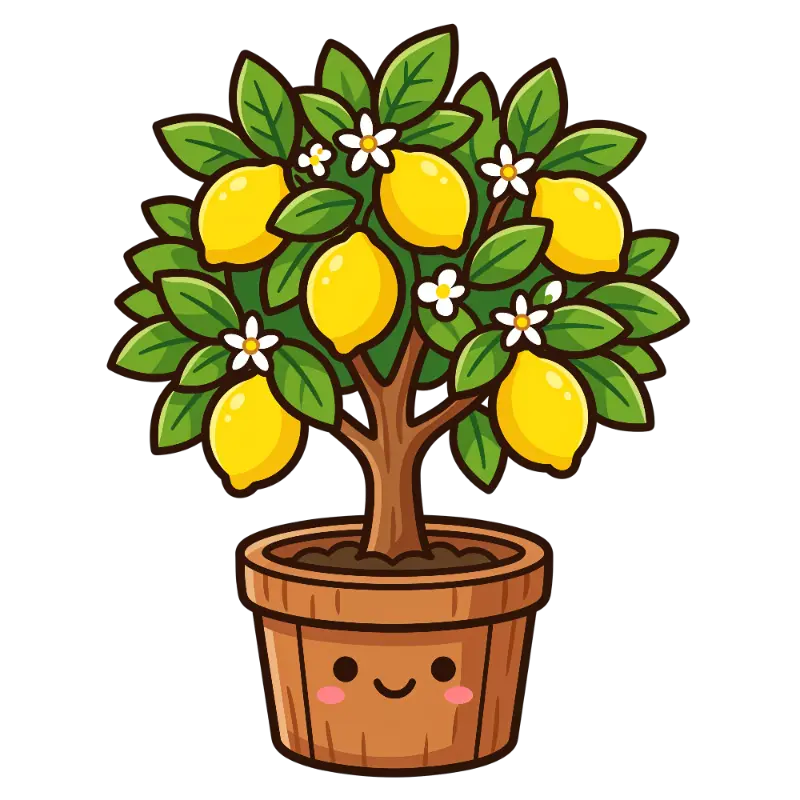 Cute Cartoon Potted Lemon Tree with Ripe Yellow Lemons and Smiling Pot