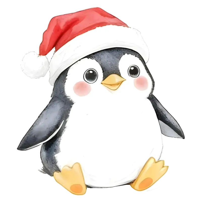 Cute Penguin Santa Hat Watercolor Festive Illustration