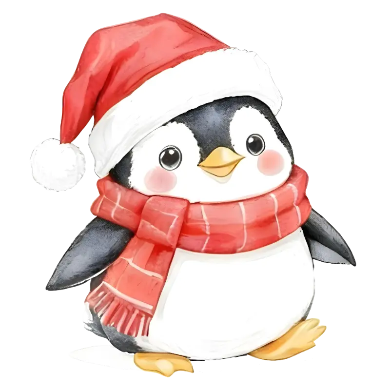 Watercolor Cartoon Penguin with Santa Hat Christmas Art