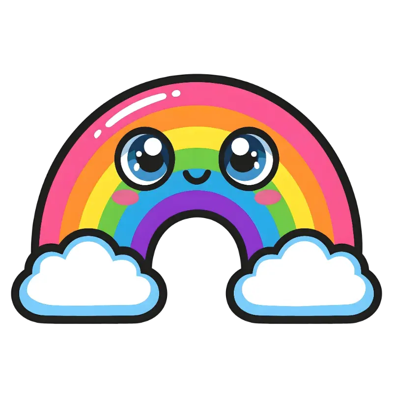 Kawaii Rainbow Character with Fluffy Clouds and Expressive Eyes