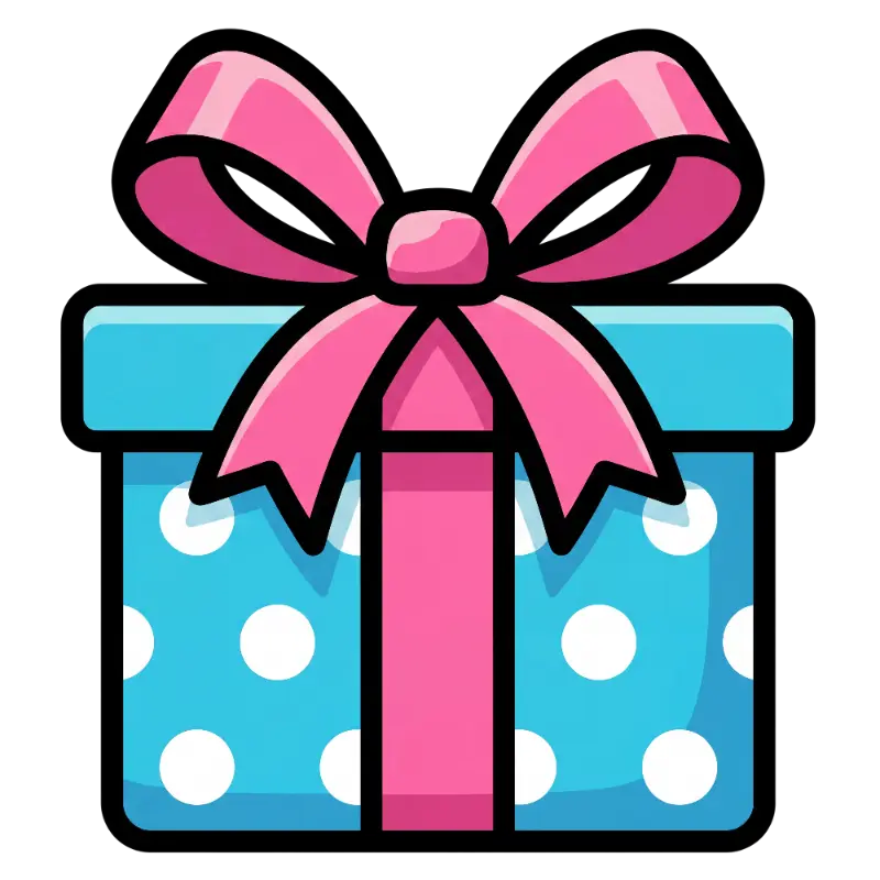 Simple Cartoon Blue Gift Box with Pink Bow and Polka Dots