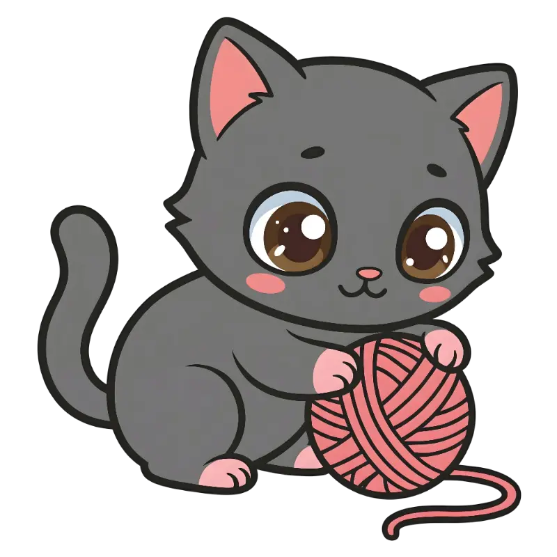 Cute Grey Cat with Yarn Ball Illustration Kiss Cut Sticker