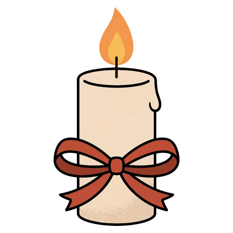 Cute Cartoon Lit Candle with Red Ribbon Bow and Melted Wax Drip