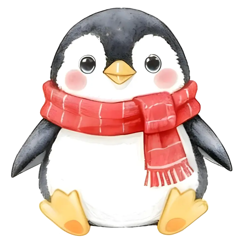 Cute Watercolor Chibi Penguin in Red Scarf - Festive Winter Illustration