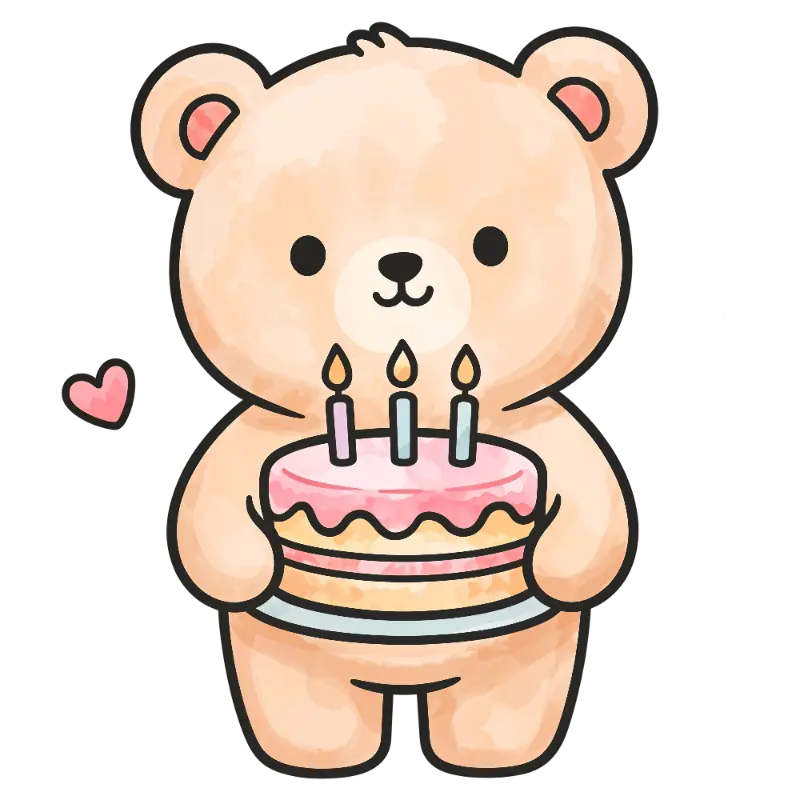 Cheerful Watercolor Bear Holding a Three Candle Birthday Cake