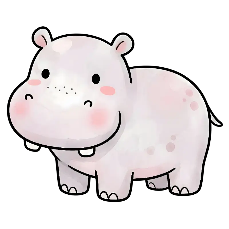 Cute Kawaii Watercolor Hippopotamus Illustration with Blushed Cheeks