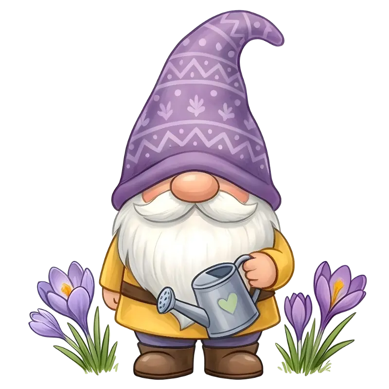 Cartoon Garden Gnome Watering Crocus Flowers Illustration