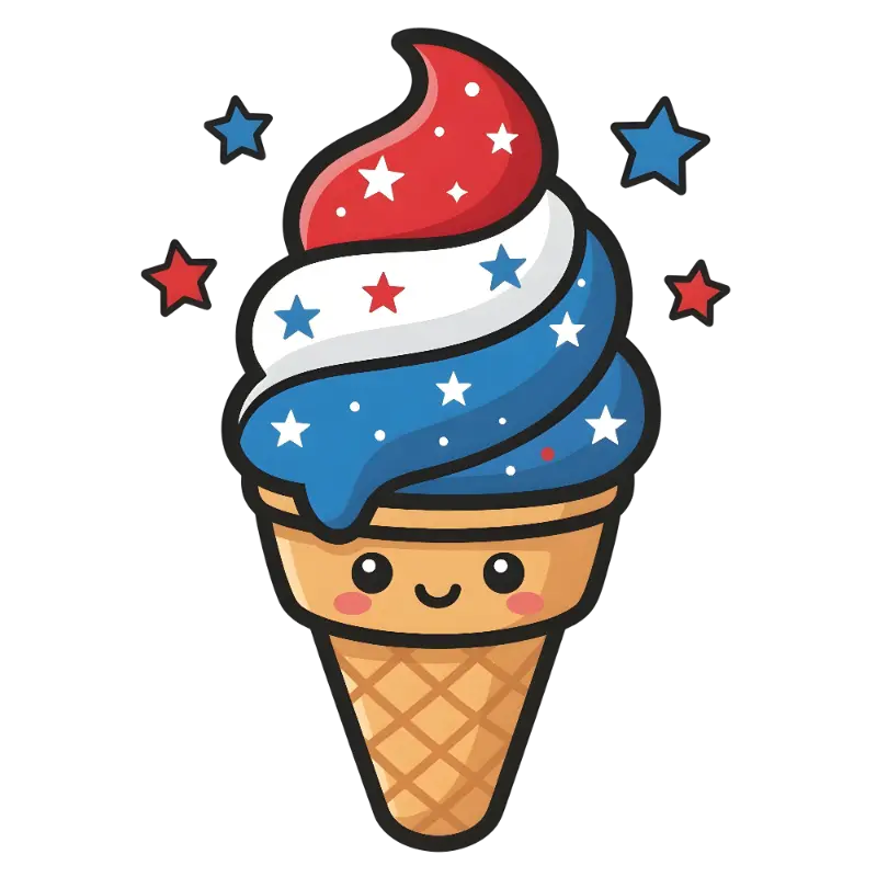 Kawaii Patriotic Swirled Ice Cream Cone with Stars