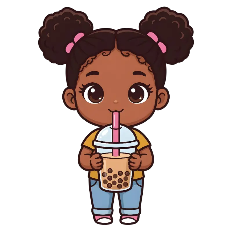 Cheerful Cartoon Girl Drinking Bubble Tea with Boba Pearls