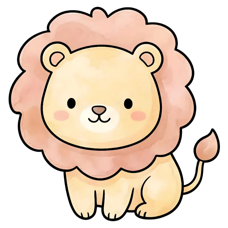 Cute Watercolor Lion Cub with Thick Outlines and Blush Cheeks