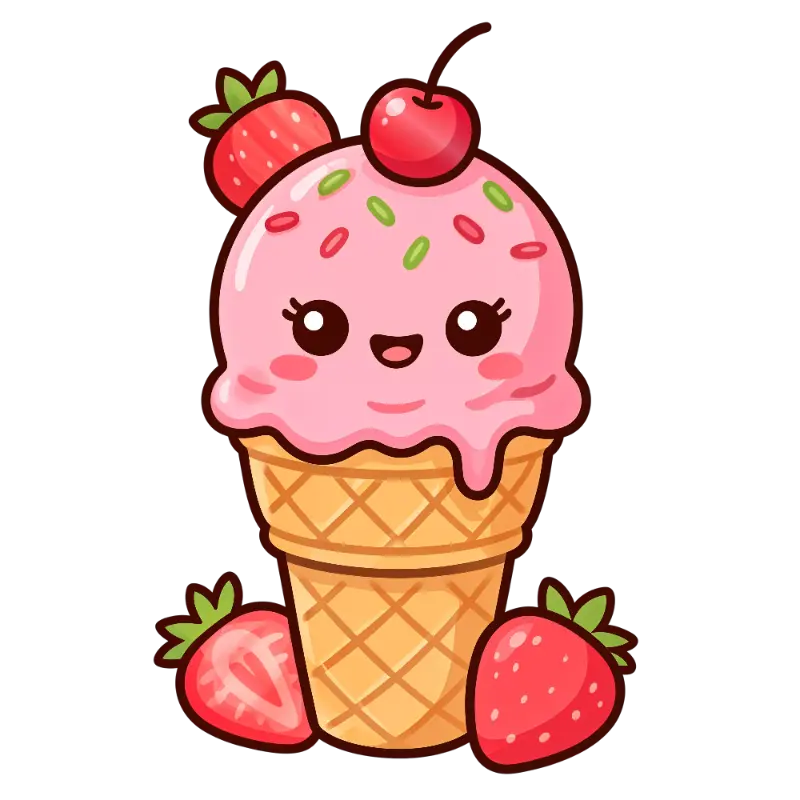 Cute Anthropomorphic Strawberry Ice Cream Cone with Cherry