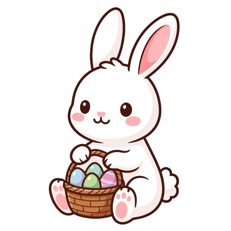 Kawaii Cartoon Rabbit Holding Easter Basket with Pastel Eggs
