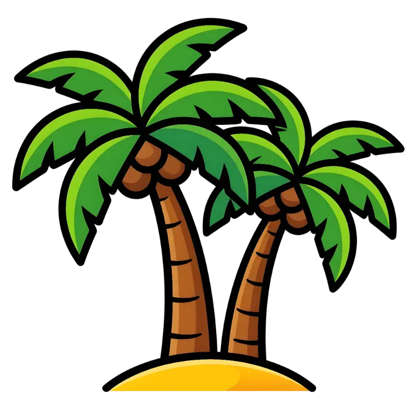 Cartoon Two Palm Trees with Coconuts on Sand Mound