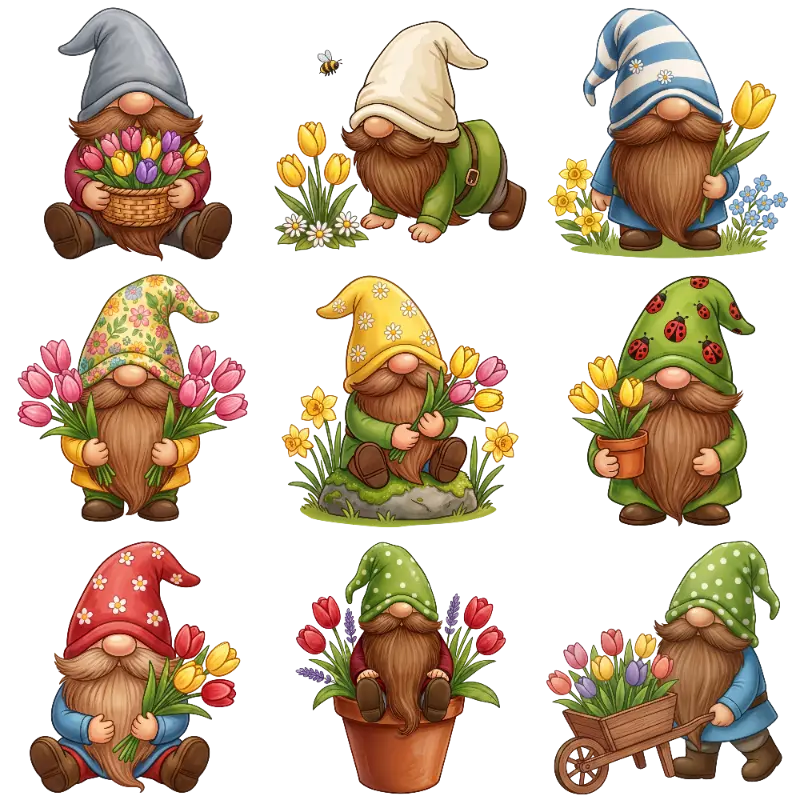 Whimsical Gnomes with Spring Flowers and Garden Tools Illustration