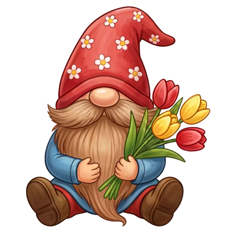 Whimsical Cartoon Gnome with Flower Hat and Tulip Bouquet