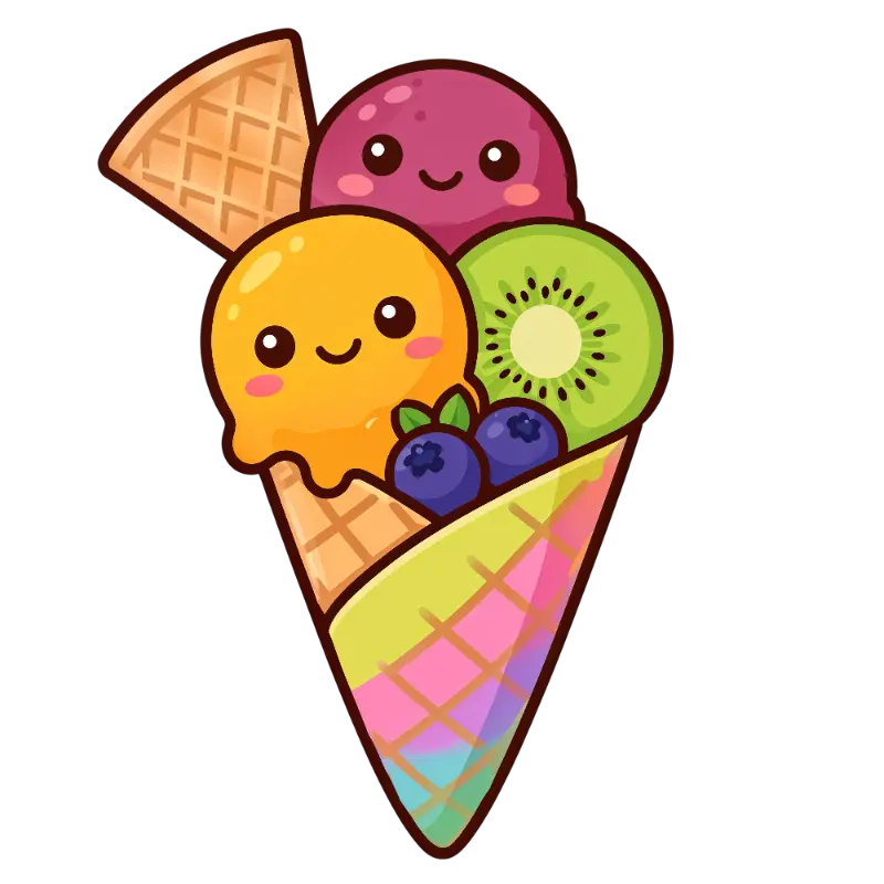 Kawaii Ice Cream Cone with Colorful Fruit and Happy Faces