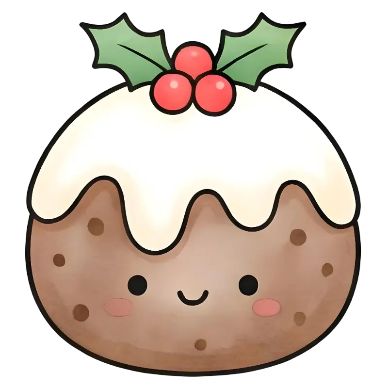 Kawaii Christmas Pudding with Holly Festive Cartoon Illustration