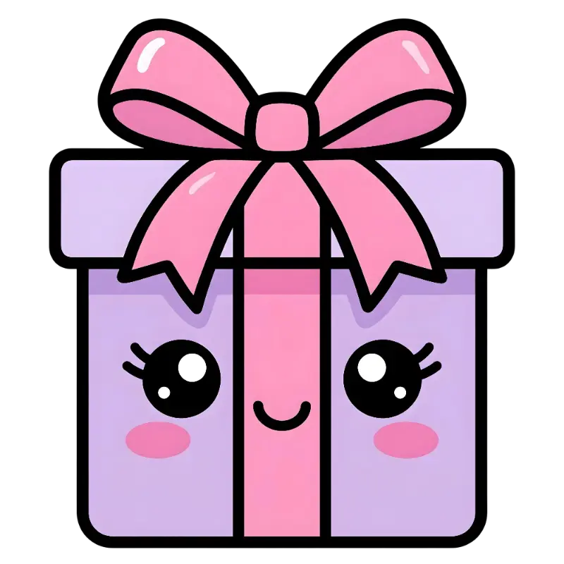Kawaii Line Art Gift Box Character with Big Eyes and Pink Bow