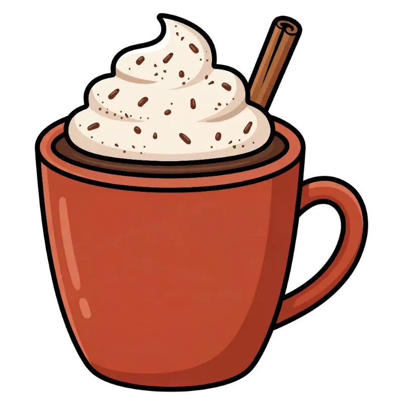 Doodle Hot Chocolate Cup with Whipped Cream and Cinnamon Stick