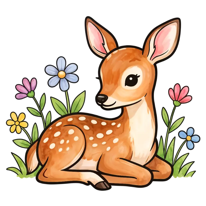 Cute Watercolor Fawn with White Spots and Wildflowers