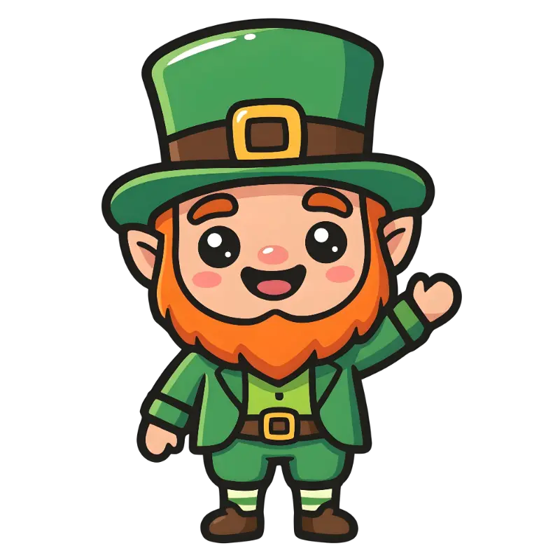 Cute Chibi Leprechaun Character with Waving Hand and Green Hat