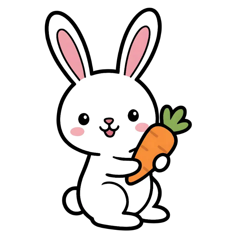 Kawaii Smiling Rabbit with Rosy Cheeks Holding Carrot