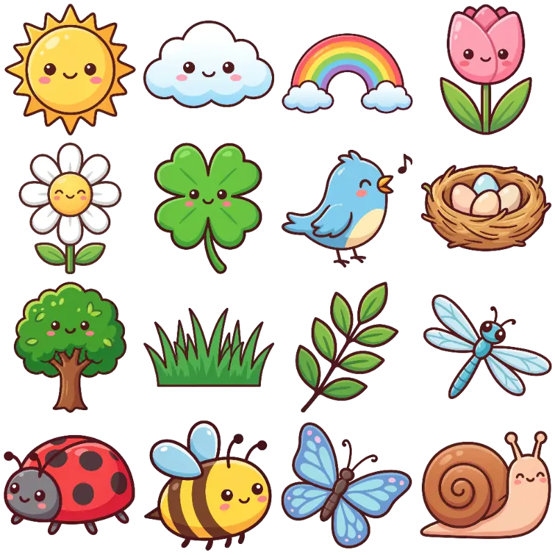 Kawaii Smiling Nature and Garden Animal Illustrations